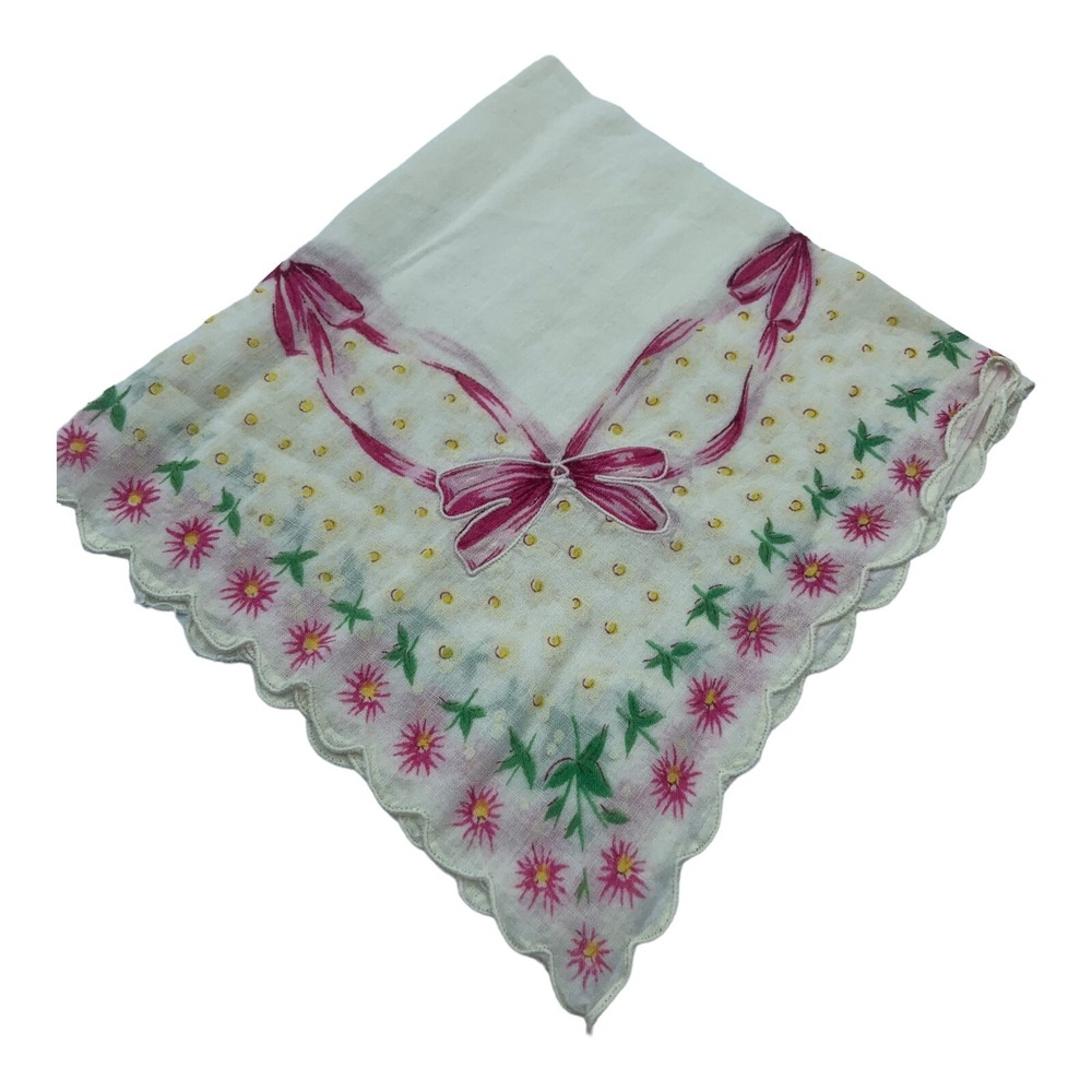 Vintage Handkerchief Hankie Pink Flowers Ribbons Yellow Off White Scalloped Edge